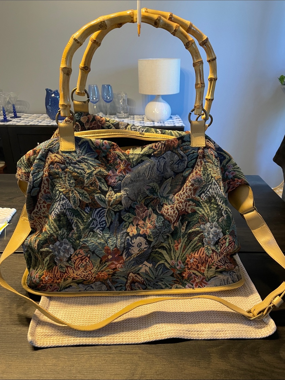 Sig. Club A Tapestry Tote with Bamboo Handles and strap.